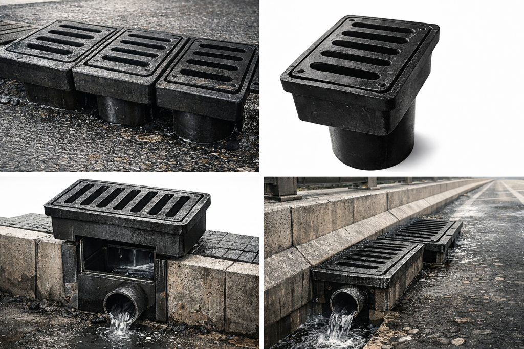 deck drain cast iron berbentuk kotak dengan outlet pipa bawah untuk drainase jalan dan jembatan