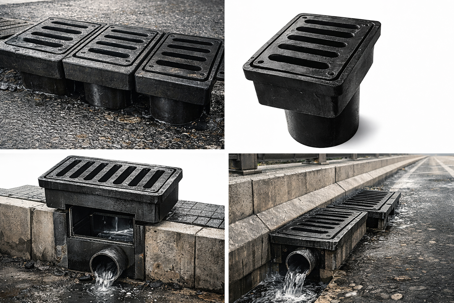 deck drain cast iron berbentuk kotak dengan outlet pipa bawah untuk drainase jalan dan jembatan