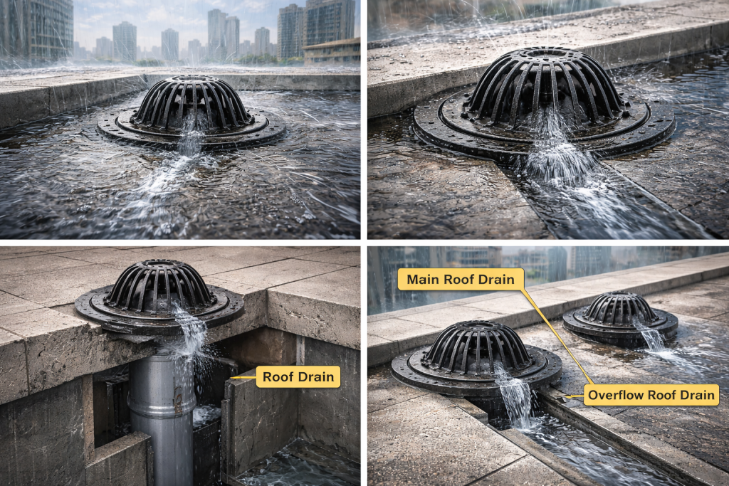 roof drain cast iron terpasang di atap gedung bertingkat untuk mengalirkan air hujan