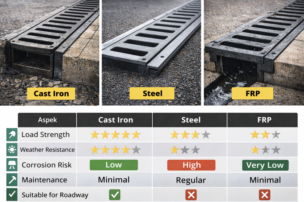 tabel perbandingan grill gutter cast iron, baja, dan frp berdasarkan kekuatan dan ketahanan