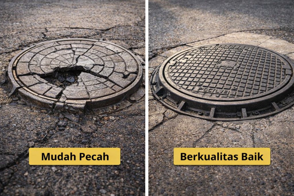 perbandingan manhole cover rusak dengan manhole cover cast iron heavy duty yang ideal