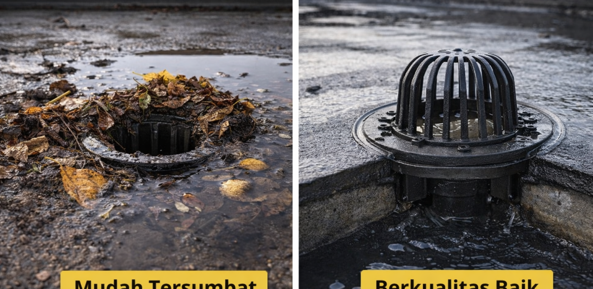 roof drain cast iron dengan dome strainer bekerja optimal mengalirkan air hujan