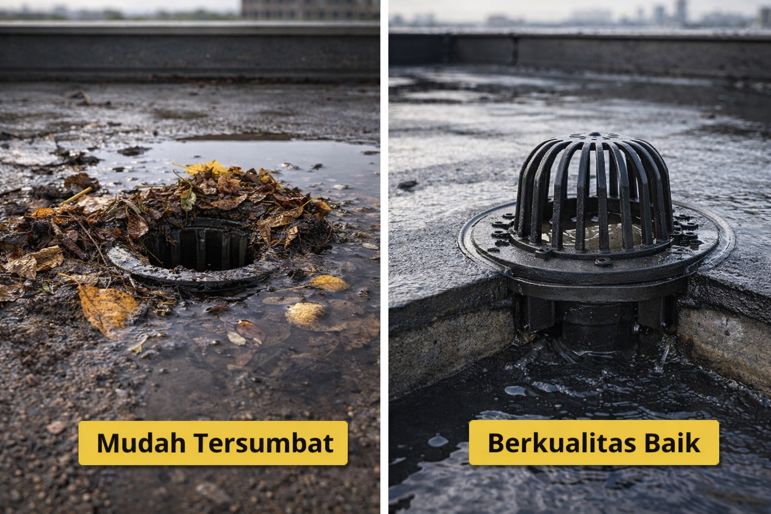 roof drain cast iron dengan dome strainer bekerja optimal mengalirkan air hujan