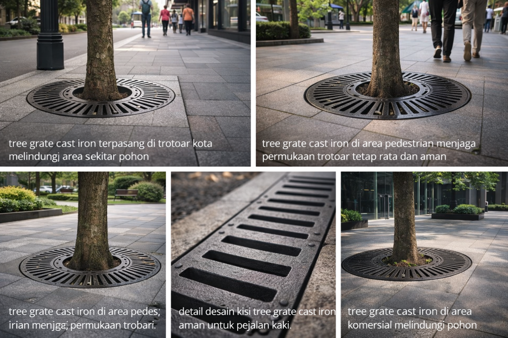 tree grate cast iron terpasang di ruang publik mendukung resapan air di sekitar pohon