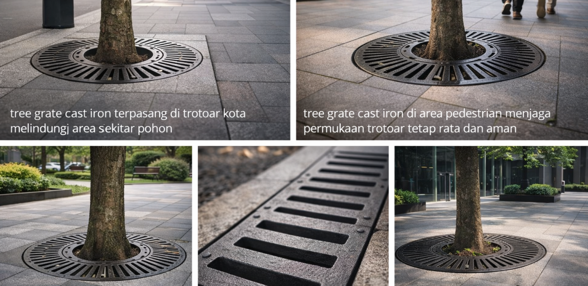 tree grate cast iron terpasang di ruang publik mendukung resapan air di sekitar pohon